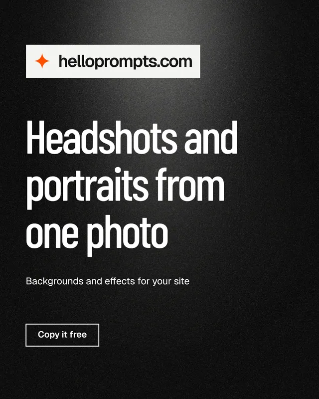 Instagram portrait post for HelloPrompts: "Headshots and portraits from one photo". Dark deco style, announce layout, dark palette in black, grey.