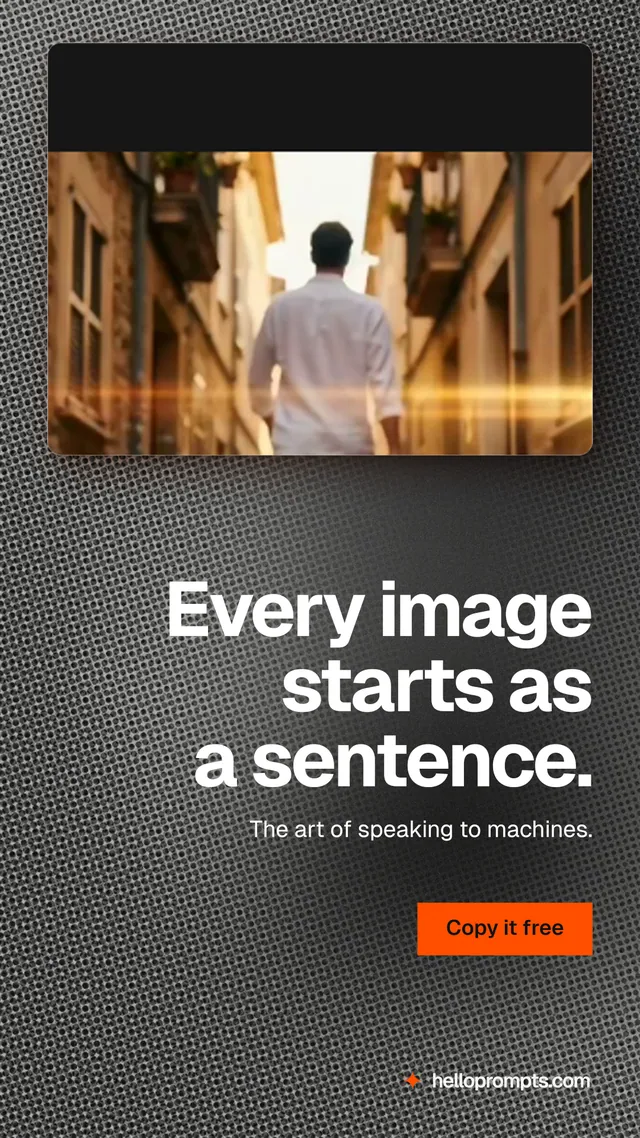 Instagram story for HelloPrompts: "Every image starts as a sentence." Swiss style, right layout, dark palette in grey, black, orange.
