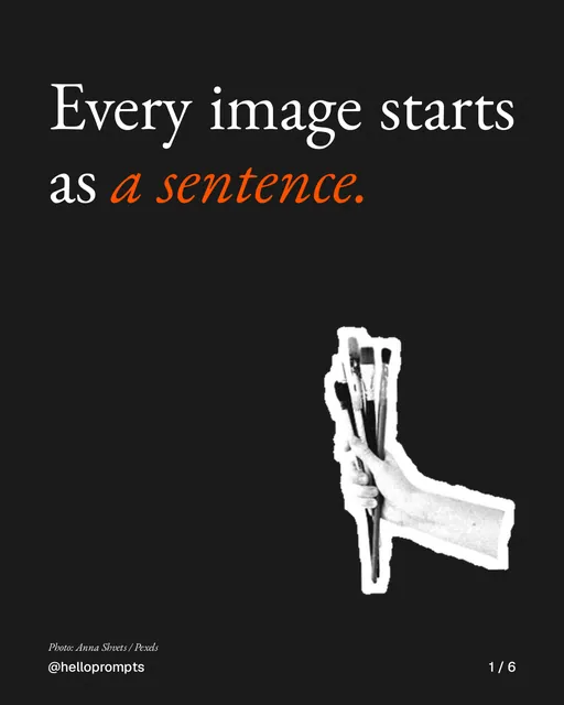 Carousel for HelloPrompts: "Every image starts as a sentence.". Cutout essay, 6 slides, dark palette.