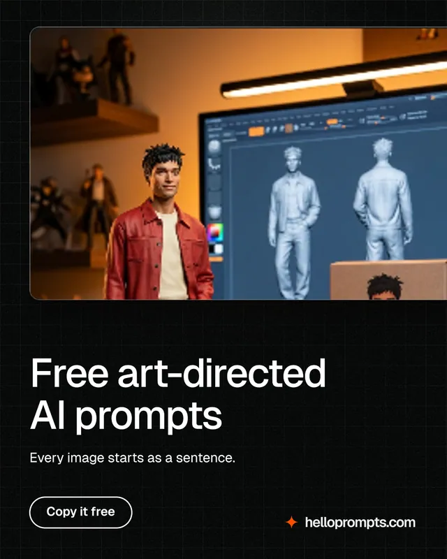 Instagram portrait post for HelloPrompts: "Free art-directed AI prompts". Phosphor atlas style, bottom layout, dark palette in black, grey.