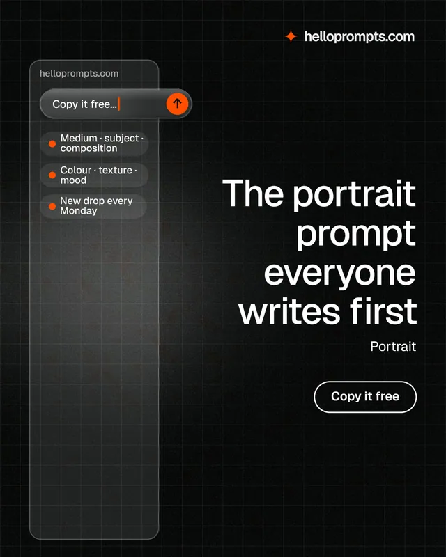 Instagram portrait post for HelloPrompts: "The portrait prompt everyone writes first". Phosphor atlas style, right layout, dark palette in black, grey.
