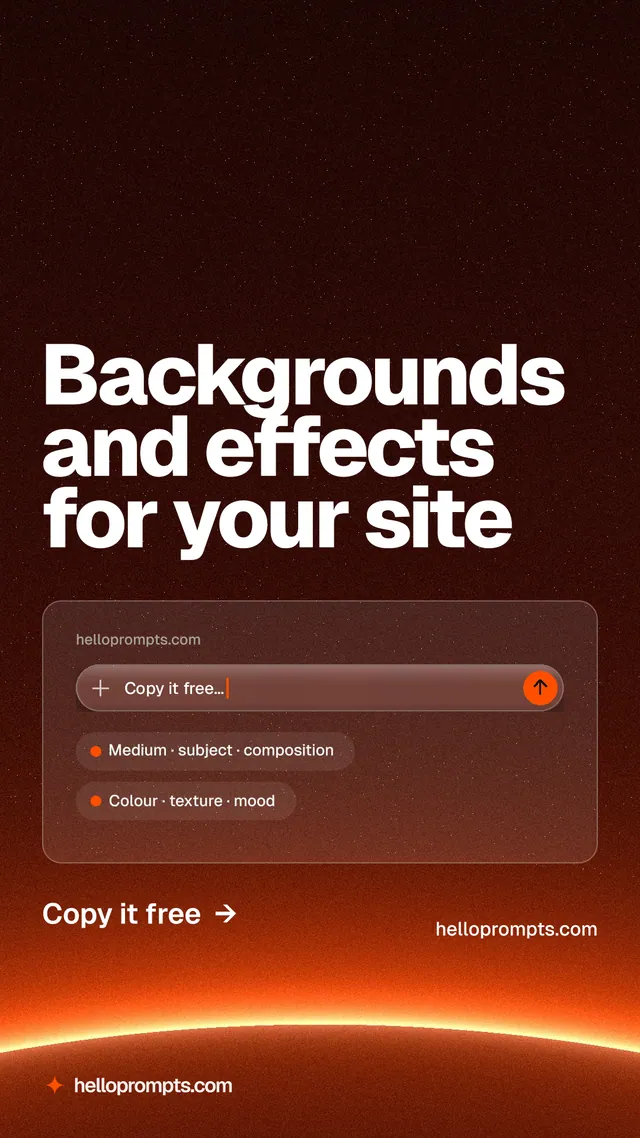 Instagram story for HelloPrompts: "Backgrounds and effects for your site". Turn card style, poster layout, dark palette in red, black, orange.