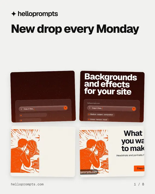 Carousel for HelloPrompts: "New drop every Monday". Collection carousel, 8 slides, light palette.