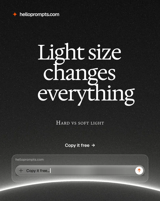 Instagram portrait post for HelloPrompts: "Light size changes everything". Swiss style, smallcaps layout, dark palette in black, grey.