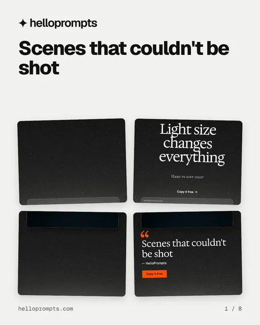 Carousel for HelloPrompts: "Scenes that couldn't be shot". Collection carousel, 8 slides, light palette.