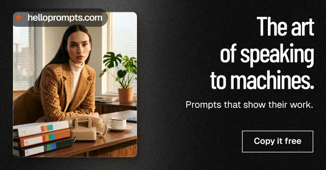 Social ad for HelloPrompts: "The art of speaking to machines." Dark deco style, right layout, dark palette in black, grey, orange.