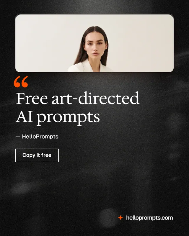 Instagram portrait post for HelloPrompts: "Free art-directed AI prompts". Dark deco style, quote layout, dark palette in black, orange, grey.