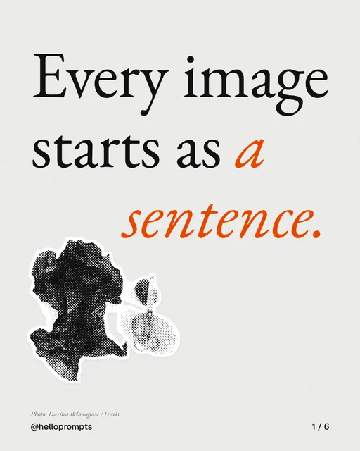 Carousel for HelloPrompts: "Every image starts as a sentence.". Cutout essay, 6 slides, light palette.