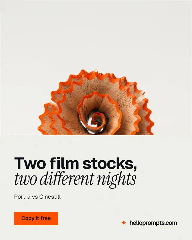 Instagram portrait post for HelloPrompts: "Two film stocks, two different nights". Swiss style, bottom layout, light palette in white, orange.