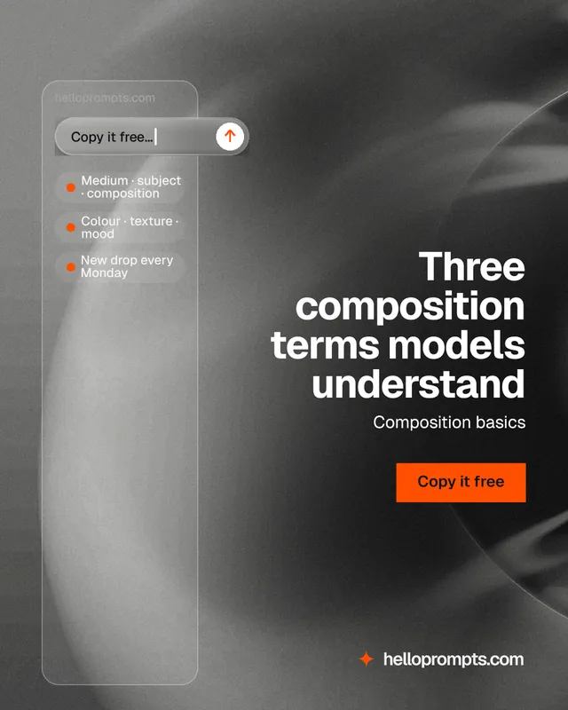 Instagram portrait post for HelloPrompts: "Three composition terms models understand". Swiss style, right layout, dark palette in grey, black.