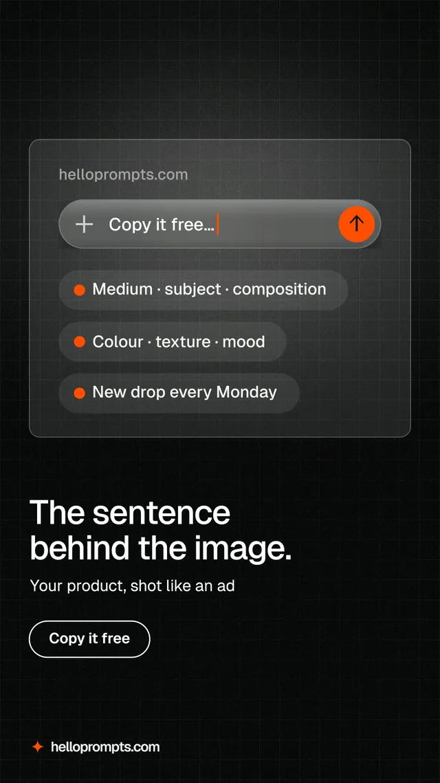 Instagram story for HelloPrompts: "The sentence behind the image." Phosphor atlas style, bottom layout, dark palette in black, grey.