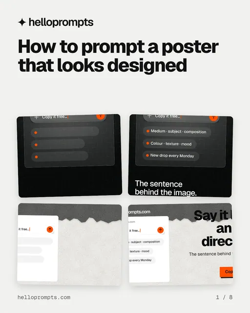 Carousel for HelloPrompts: "How to prompt a poster that looks designed". Collection carousel, 8 slides, light palette.