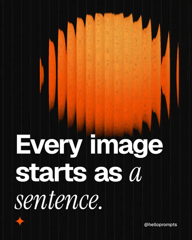 Instagram portrait post for HelloPrompts: "Every image starts as a sentence." Auto 4x5 style, technique:shader field layout, dark palette in orange, black.