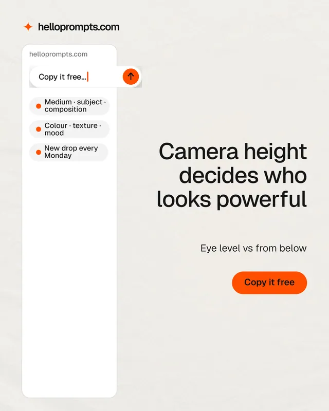 Instagram portrait post for HelloPrompts: "Camera height decides who looks powerful". Data card style, right layout, light palette in white, orange.