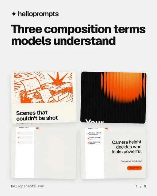 Carousel for HelloPrompts: "Three composition terms models understand". Collection carousel, 8 slides, light palette.