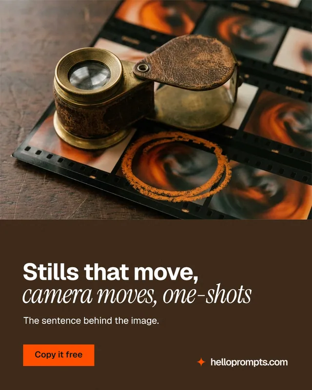 Instagram portrait post for HelloPrompts: "Stills that move, camera moves, one-shots". Swiss style, bottom layout, dark palette in orange, black, grey.