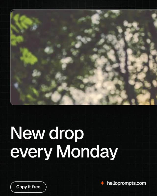 Instagram portrait post for HelloPrompts: "New drop every Monday". Phosphor atlas style, bottom layout, dark palette in black, grey.