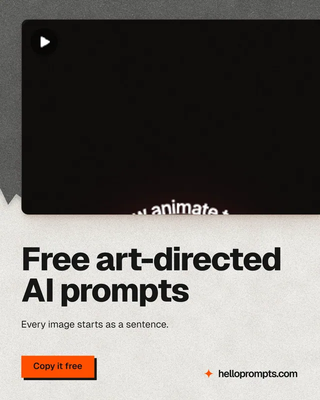 Instagram portrait post for HelloPrompts: "Free art-directed AI prompts". Paper trio style, bottom layout, dark palette in black, white, orange.