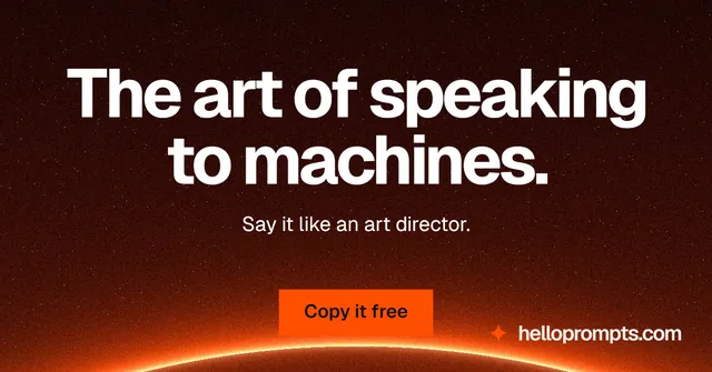 Social ad for HelloPrompts: "The art of speaking to machines." Swiss style, centred layout, dark palette in black, red, orange.