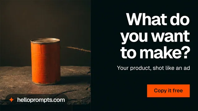 Landscape graphic for HelloPrompts: "What do you want to make?" Swiss style, right layout, dark palette in black, orange.