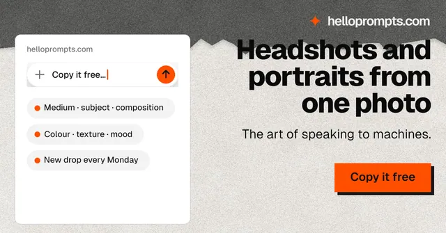 Social ad for HelloPrompts: "Headshots and portraits from one photo". Paper trio style, right layout, light palette in white, grey.