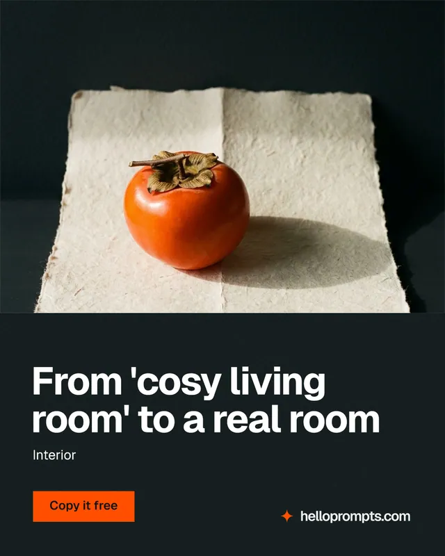 Instagram portrait post for HelloPrompts: "From 'cosy living room' to a real room". Swiss style, bottom layout, dark palette in black, yellow, orange.