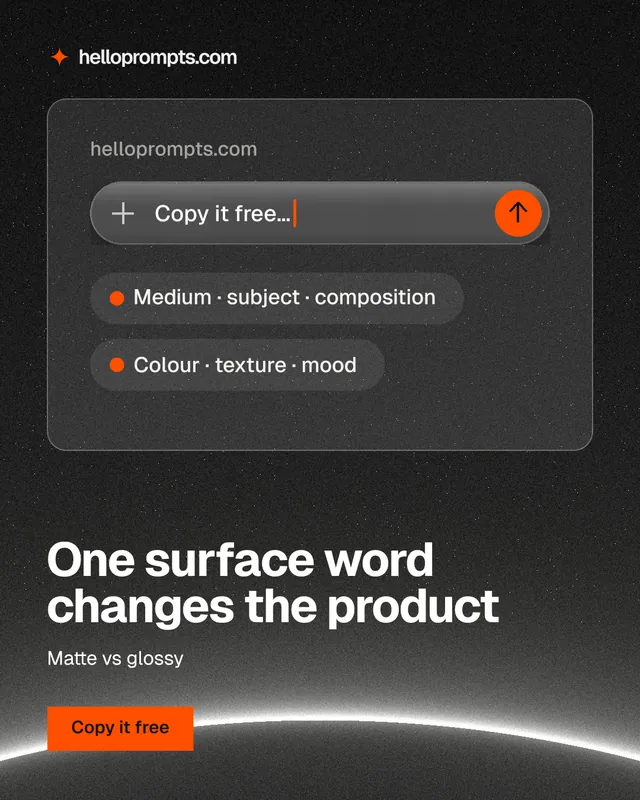 Instagram portrait post for HelloPrompts: "One surface word changes the product". Swiss style, bottom layout, dark palette in black, grey.