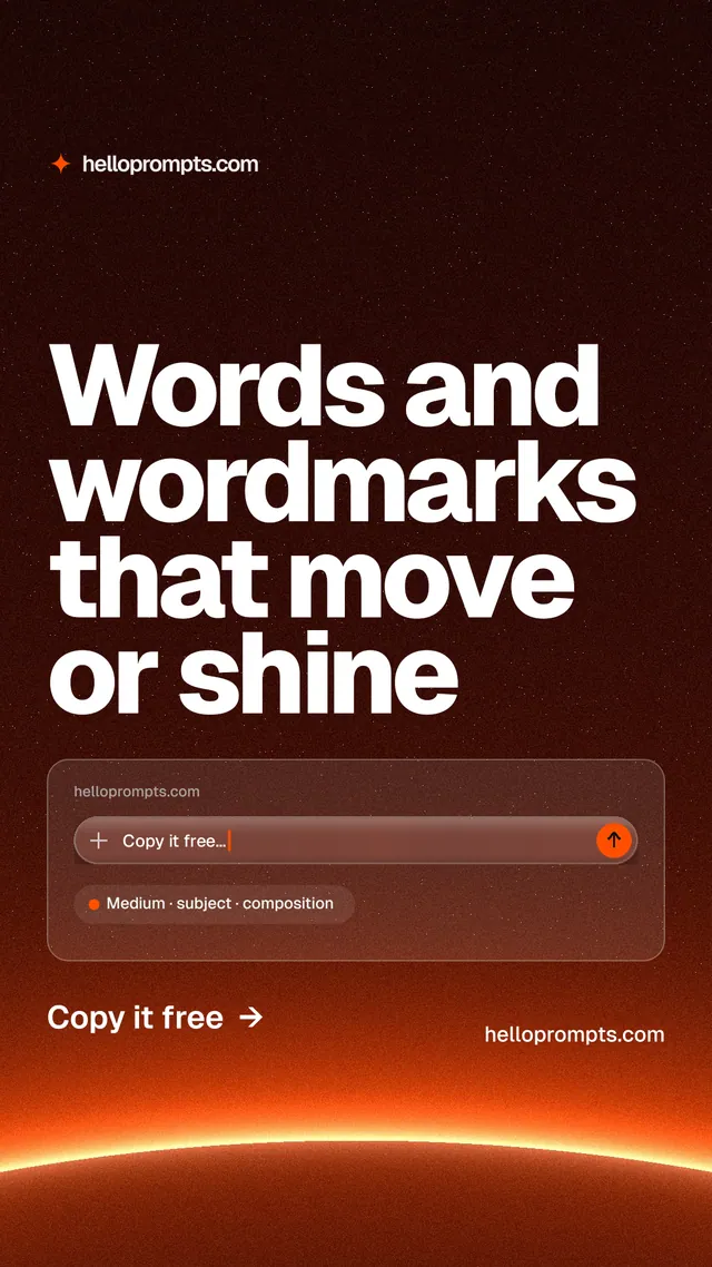 Instagram story for HelloPrompts: "Words and wordmarks that move or shine". Turn card style, poster layout, dark palette in black, red, orange.