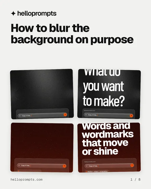 Carousel for HelloPrompts: "How to blur the background on purpose". Collection carousel, 8 slides, light palette.