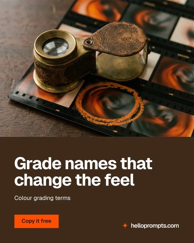 Instagram portrait post for HelloPrompts: "Grade names that change the feel". Swiss style, bottom layout, dark palette in orange, black, grey.