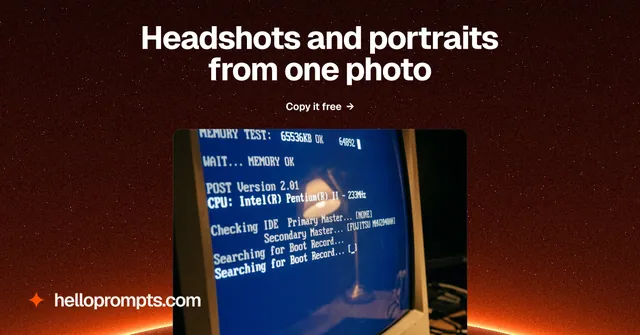 Social ad for HelloPrompts: "Headshots and portraits from one photo". Swiss style, ogui layout, dark palette in black, blue, red.