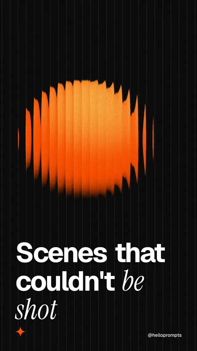 Instagram story for HelloPrompts: "Scenes that couldn't be shot". Auto 9x16 style, technique:shader field layout, dark palette in black, orange.