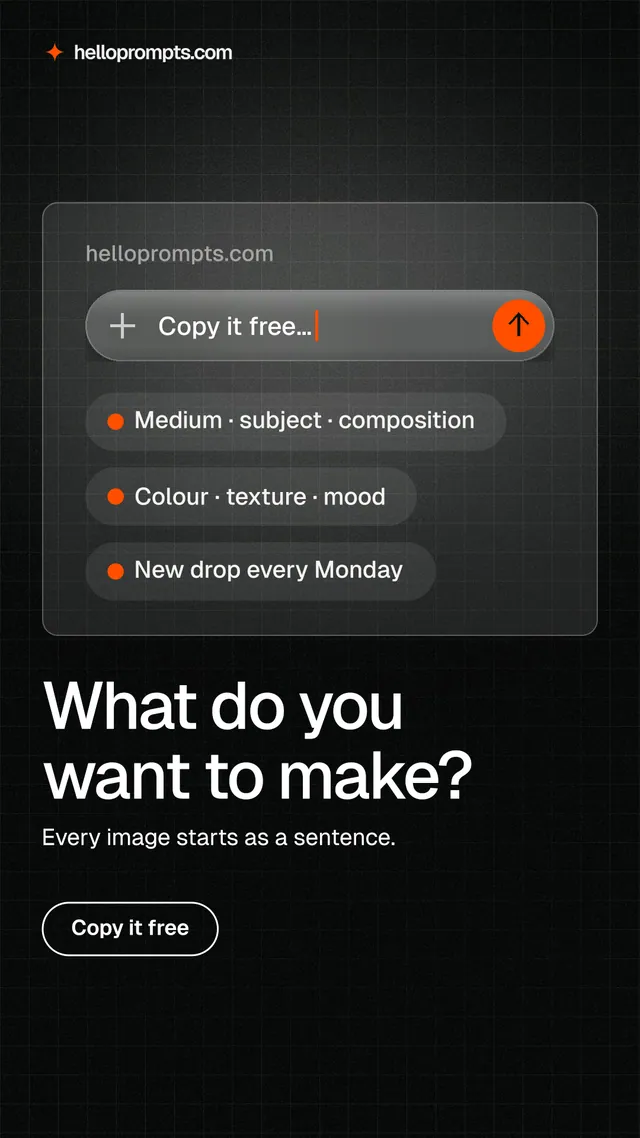 Instagram story for HelloPrompts: "What do you want to make?" Phosphor atlas style, bottom layout, dark palette in black, grey.
