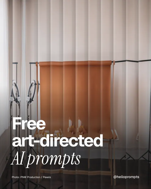 Instagram portrait post for HelloPrompts: "Free art-directed AI prompts". Photo style, technique:fluted glass layout, light palette in brown, black, grey.