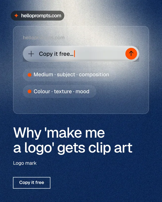 Instagram portrait post for HelloPrompts: "Why 'make me a logo' gets clip art". Cyanotype style, bottom layout, dark palette in blue, grey.