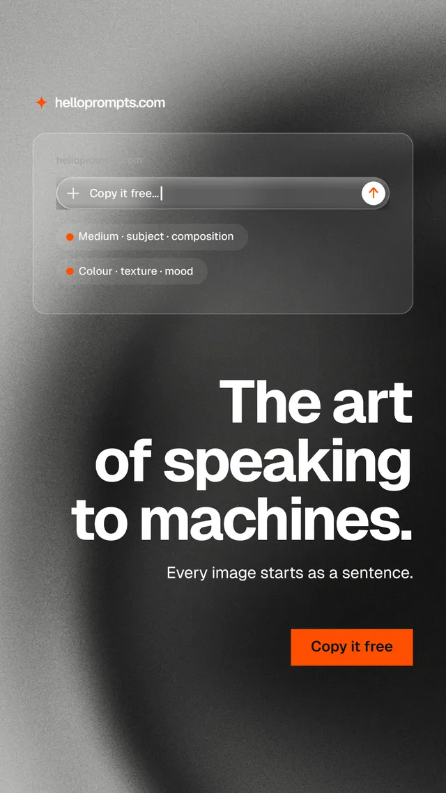 Instagram story for HelloPrompts: "The art of speaking to machines." Swiss style, right layout, dark palette in grey, black.
