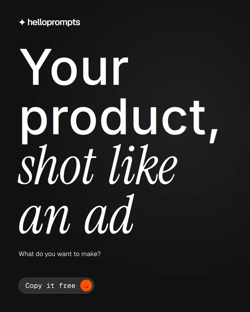 Video for HelloPrompts: "Your product, shot like an ad". Doc motion loop, 6.0 s, dark palette.