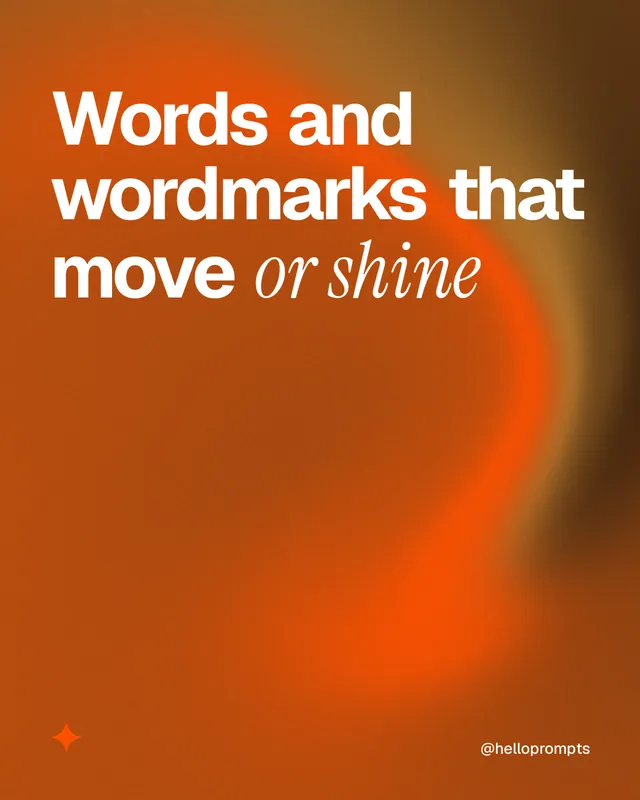 Instagram portrait post for HelloPrompts: "Words and wordmarks that move or shine". Auto 4x5 style, technique:shader field layout, dark palette in orange.