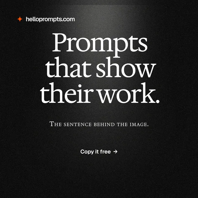 Instagram post for HelloPrompts: "Prompts that show their work." Dark deco style, smallcaps layout, dark palette in black, grey.