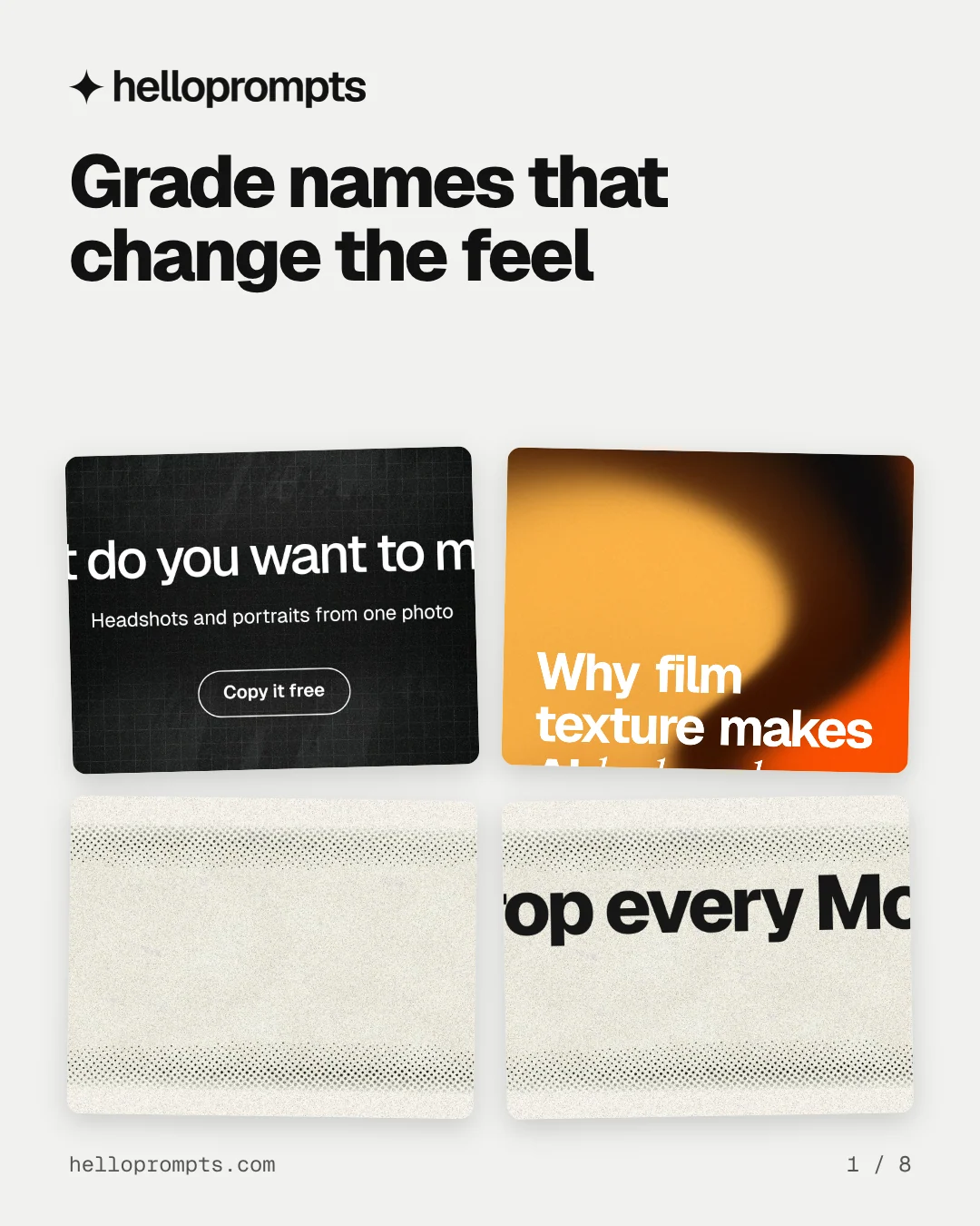 Carousel for HelloPrompts: "Grade names that change the feel". Collection carousel, 8 slides, light palette.