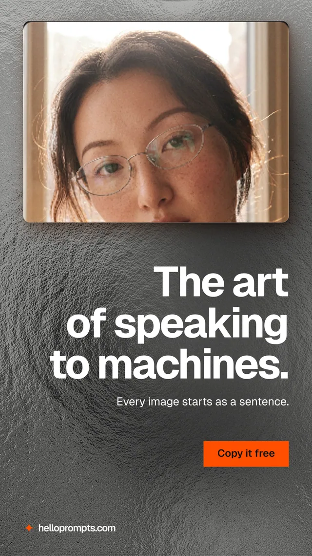Instagram story for HelloPrompts: "The art of speaking to machines." Swiss style, right layout, light palette in grey, orange.