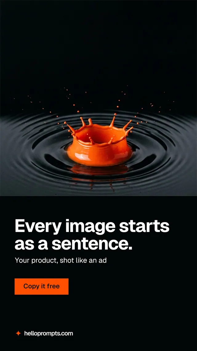 Instagram story for HelloPrompts: "Every image starts as a sentence." Swiss style, bottom layout, dark palette in black, grey.