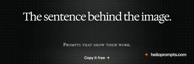 X header for HelloPrompts: "The sentence behind the image." Phosphor atlas style, smallcaps layout, dark palette in black, grey.
