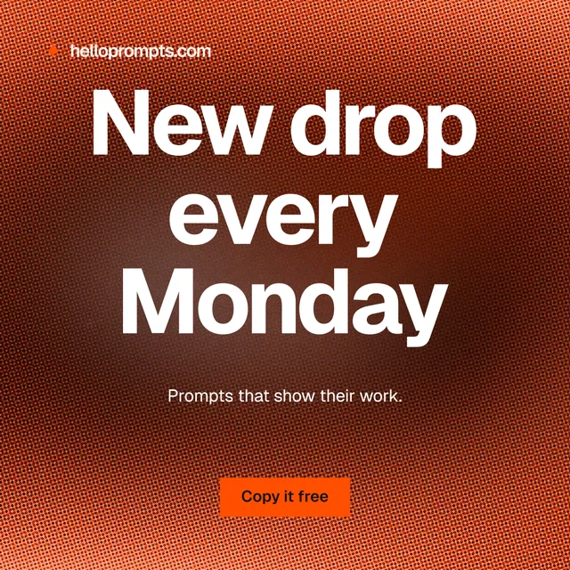 Instagram post for HelloPrompts: "New drop every Monday". Swiss style, centred layout, dark palette in red.