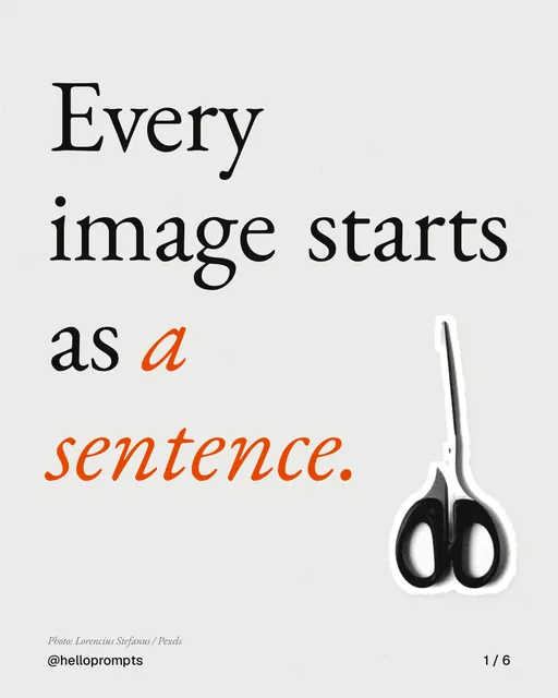 Carousel for HelloPrompts: "Every image starts as a sentence.". Cutout essay, 6 slides, light palette.