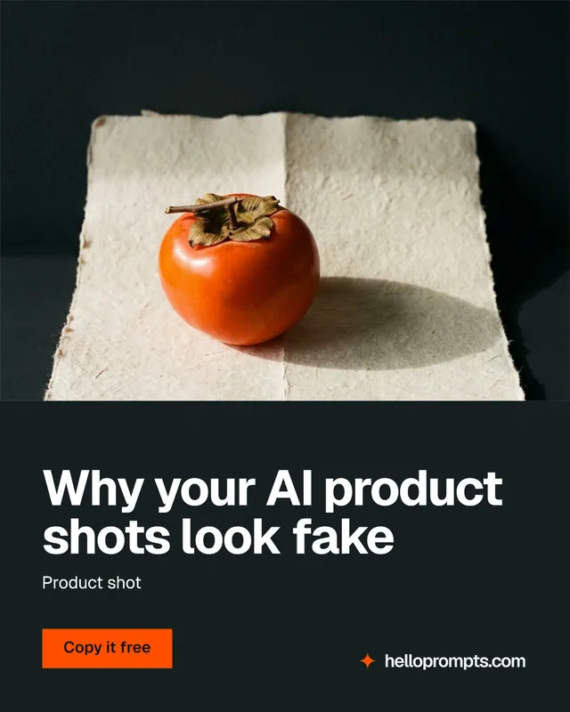 Instagram portrait post for HelloPrompts: "Why your AI product shots look fake". Swiss style, bottom layout, dark palette in black, yellow, orange.