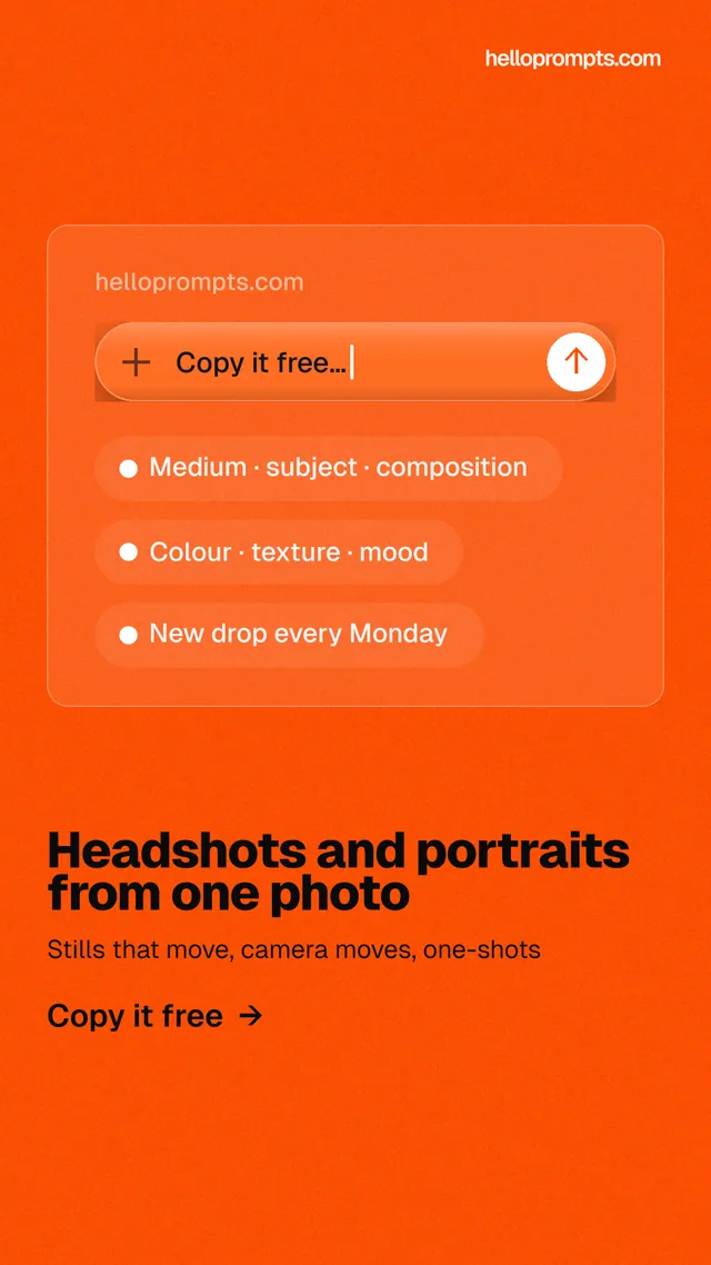 Instagram story for HelloPrompts: "Headshots and portraits from one photo". Turn card style, bottom layout, light palette in orange.