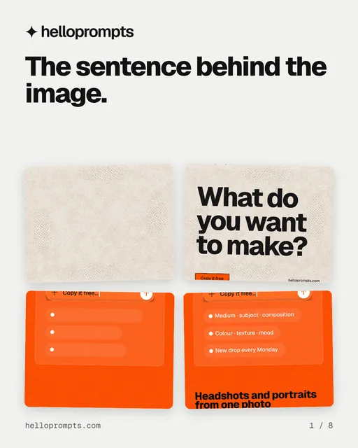 Carousel for HelloPrompts: "The sentence behind the image.". Collection carousel, 8 slides, light palette.