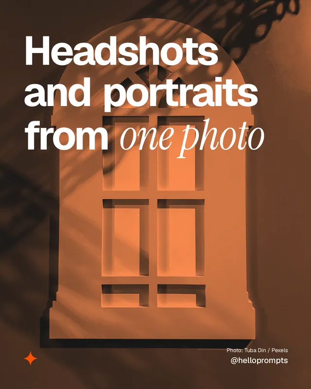 Instagram portrait post for HelloPrompts: "Headshots and portraits from one photo". Duotone style, technique:pexels ingredient layout, dark palette in orange, brown.