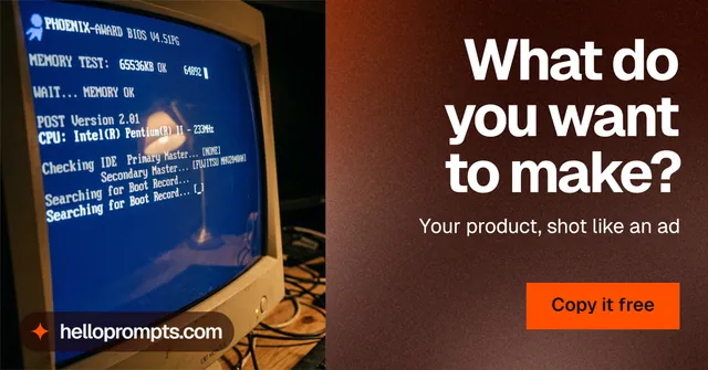 Social ad for HelloPrompts: "What do you want to make?" Swiss style, right layout, dark palette in red, blue, grey.